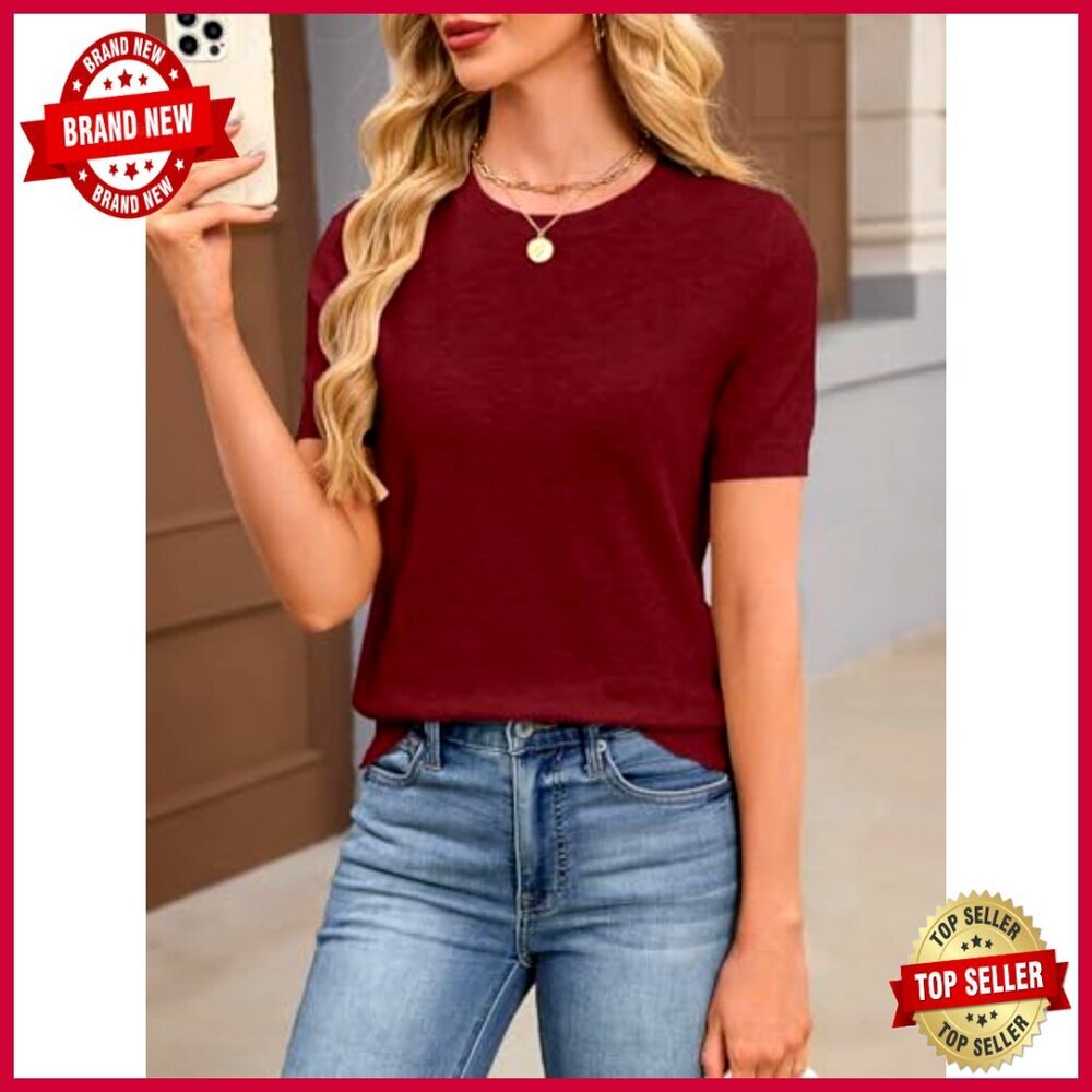 Short Sleeve Wool Blend Sweater Slim Fit Crew Neck Business Casual Top - Picture 6 of 7